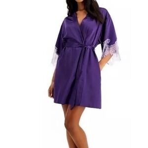 I.N.C. International Concepts Women XL Purple Lace-Trim Short Satin Robe Pockets